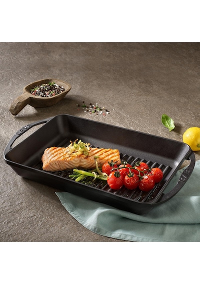 Lava Döküm Dikdörtgen Izgara Tavası Döküm Demir Yekpare Kulplu Ölçü 22x32cm Kırmızı