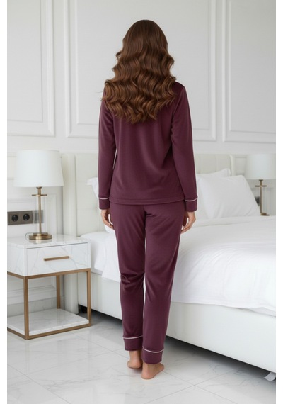 Kadın Kadife Boydan Düğmeli Şerit Detaylı 2'li Pijama Takım MÜRDÜM