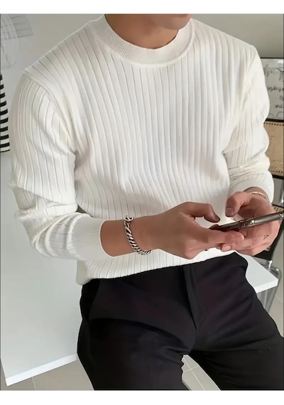 Erkek Bisiklet Yaka Slim Fit Triko Kazak Beyaz