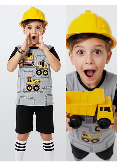 Denokids İnşaat Araçları Erkek Çocuk T-shirt Şort Takım Çok Renkli