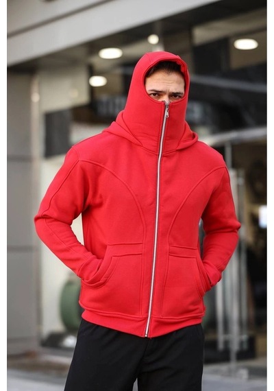 Erkek Maskeli Ninja Model Çift Kapüşonlu 3 İplik Şardonlu Fermuarlı Sweatshirt - Kırmızı