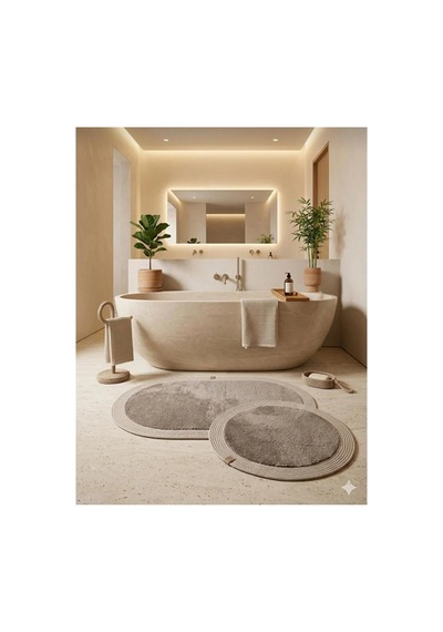 Nesrin Kaymaz Taban Peluş Banyo Paspası Seti Jüt Kenar Detaylı 2 Li Oval Yuvarlak 100x60 60x60 Kahverengi