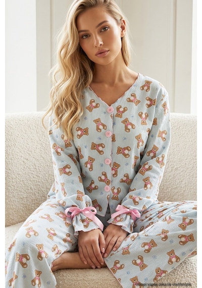 Siyah İnci Desenli Bürümcük-krınkıl Kurdele Detaylı Düğmeli Hırka Pijama Takım 26223921 Yeşil Ayıcık Siyah İnci Desenli Bürümcük-krınkıl Kurdele Detaylı Düğmeli Hırka Pijama Takım 26223921 Yeşil Ayıcık