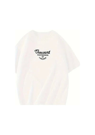 Yake Store Thousand Baskılı Oversize Bisiklet Yaka T-shirt - Beyaz - Beyaz