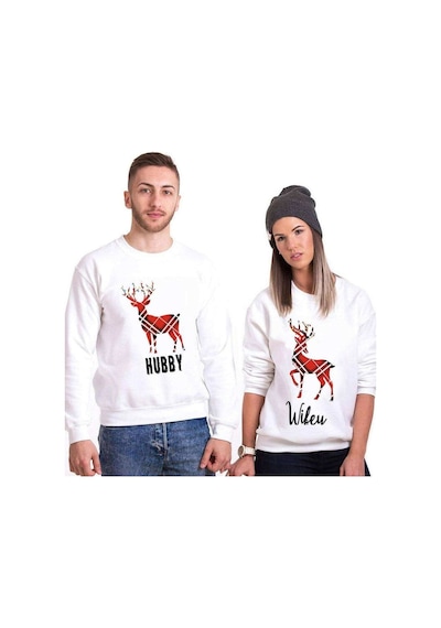 Tshirthane Hubby Wifey Geyik Sevgili Kombinleri Unisex Sweatshirt Kırık Beyaz