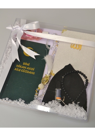 Dini Nikah Seti Kurdeleli Özel Kutu Dini Nikah Defteri, Kadife Yasin, Gelin Başörtüsü, Kristal Tesbih, Gül Suyu, Takke, Esans