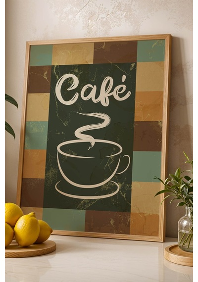 Retro Café Sanatsal Tasarım Çerçeveli Tablo - Vintage Kahve Köşesi Duvar Dekoru Kayın