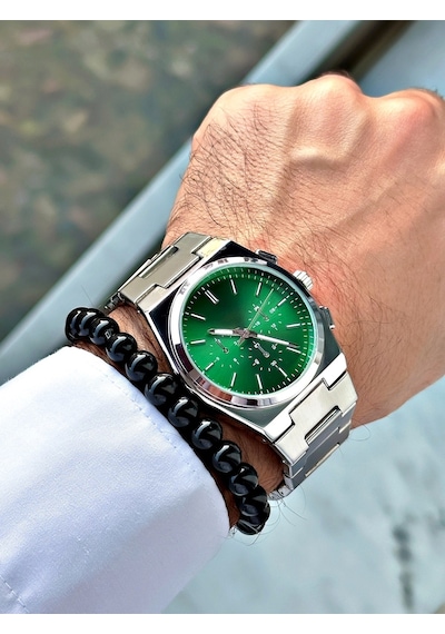 Lüks Özel Tasarım Limited Edition Serisi Metal Kordon Erkek Kol Saati-bileklik Hediyeli Yeşil