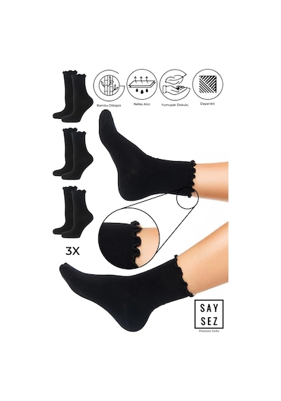 Saysez Bambu Kadın Lastiksiz Siyah Fırfırlı Soket Dikişsiz Çorap 3'lü Paket / İz Bırakmaz / Sıkmayan Çorap Renkli
