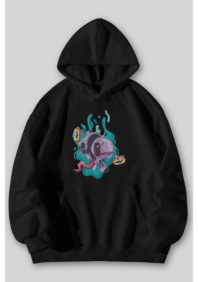 Harmandar Crazy Universe Baskılı Unisex Siyah Kanguru Cepli Kapüşonlu Sweatshirt Hoodie SiYAH