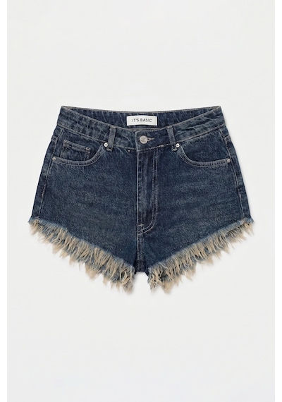Itsbasic Kadın Koyu Kot 2s6 Mini Boy Paça Püsküllü Denim Şort
