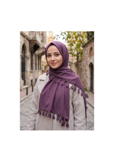 Umttrend Pamuklu Boncuklu Püsküllü Kadın Yazma Eşarp 110x110 Cm Mürdüm