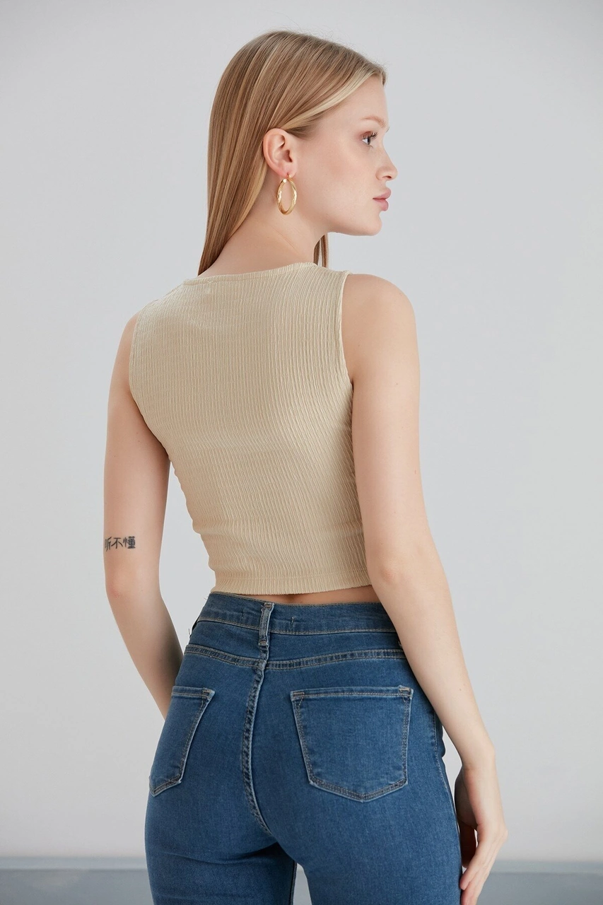 Mamayaga Kadın Önü Düğüm Model Kolsuz Spor Şık Curve Croptop Bluz Krem
