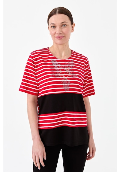 Kadın Sıfır Yaka Çizgi Önü Taşlı Penye T-shirt Kırmızı Kirmizi