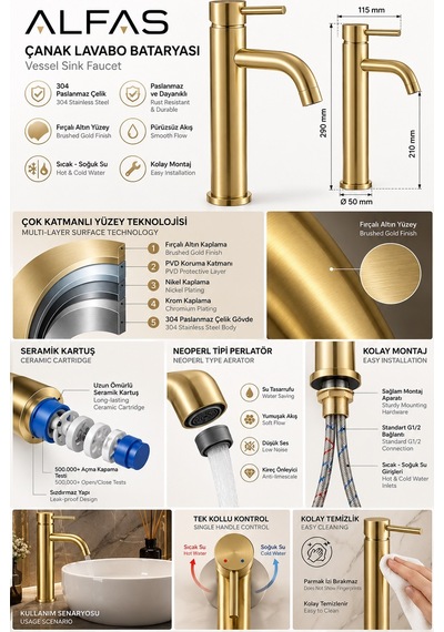 Alfas Mat Gold Çanak Lavabo Bataryası Fırçalı Altın 304 Paslanmaz Çelik Banyo Bataryası Yüksek 29cm