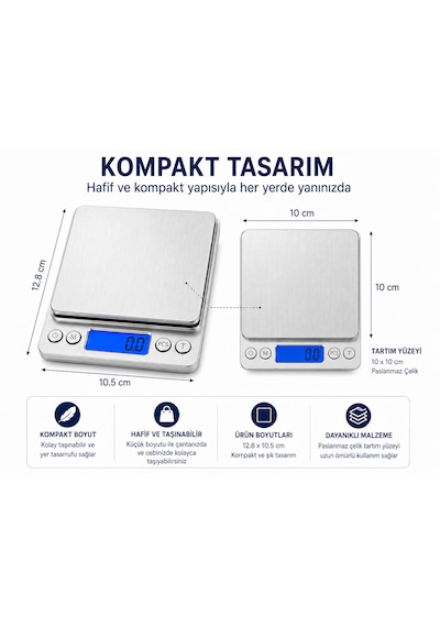 Dijital Hassas Mutfak Tartısı 3000 G Kapasiteli 0,1 G Hassasiyetli Lcd Ekranlı 6 Ölçüm Birimli Açık Gri