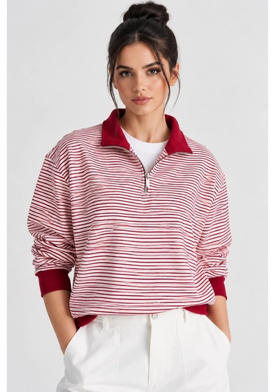 Mevese Çizgili Desen Polo Yaka Fermuarlı Oversize Kadın Sweatshirt - Bordo