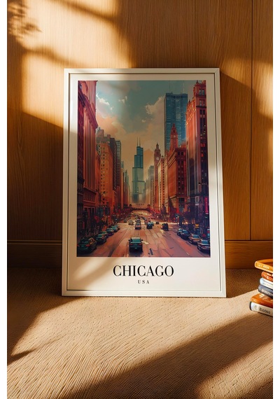 Chicago Usa City Architecture Vintage Poster Çerçeveli Tablo - Premium Şehir Elit Duvar Dekoru Beyaz