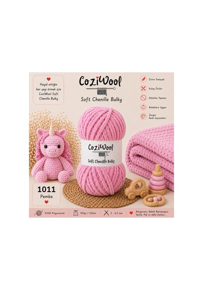 Kadife El Örgü İpliği Soft Chenille Bulky 5'li Paket, 5x100 Gr. 120 Mt. %100 Mikro Polyester Pembe - 875823131