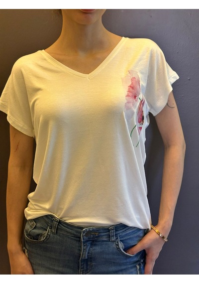 V Yaka Çiçek Desenli Kadın T-shirt Beyaz