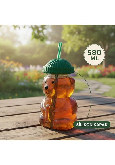 Sevimli Ayıcık Figürlü Borosilikat Cam Bardak 580 Ml - Silikon Kapaklı Ve Pipetli Lüx Barista Soğuk İçecek Bardağı Yeşil 6998