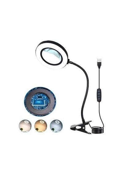Usb Büyüteçli Led Masa Lambası, 3 Renk Modu, Klipsli Tasarım, Esnek Boyun, Doğal Işık, Sıcak Işık, Soğuk Işık .