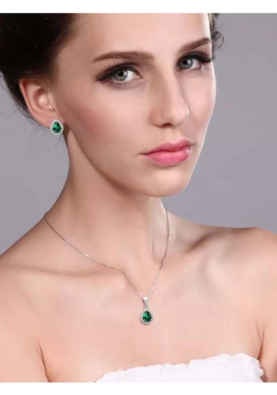 Brezza Lusso Jewelry Damla Model Zümrüt Yeşili Zirkon Taşlı Gümüş Kadın Kolye Küpe Set