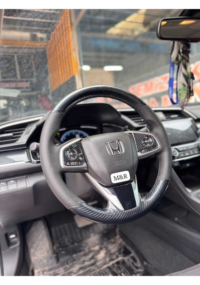 Honda Fc 5  Parlak Kristal Karbon Deri Kaplama Direksiyon Kılıfı Siyah
