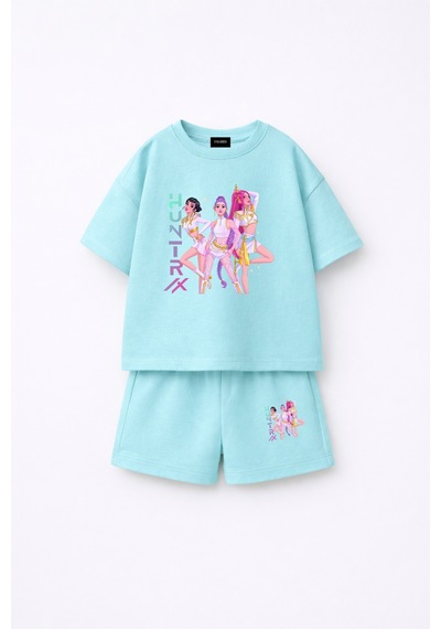 Fasardi Kpop Demon Hunters Huntrix Zoey Rumi Mira Baskılı Oversize %100 Pamuk Tişört Şort Çocuk Takım Bebek Mavi