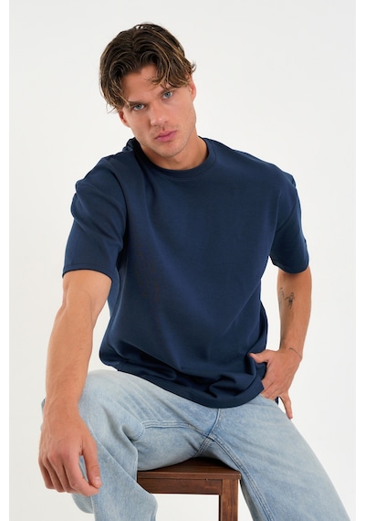 Blank Unisex Oversize Geniş Kesim Tişört %100 Pamuk Kalın Dokulu Bisiklet Yaka T-shirt Indigo