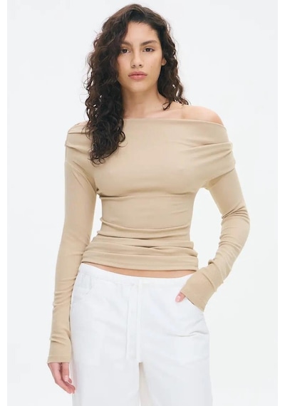 Madmext Bej Kadın Off Shoulder Uzun Kollu Bluz Mg2567 Bej