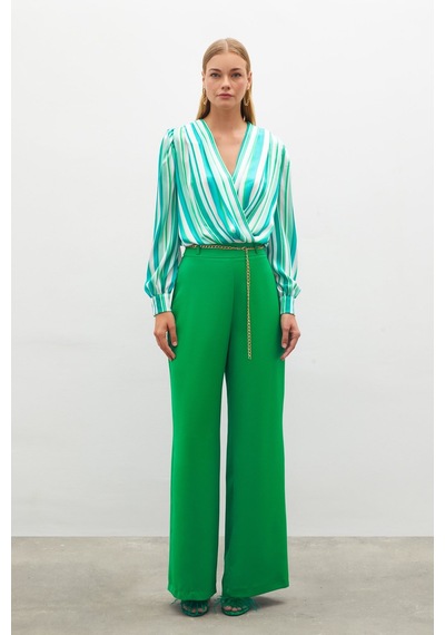 Sateen Zincirli Saten Krep Pantolon - Yeşil-134888 Yeşil