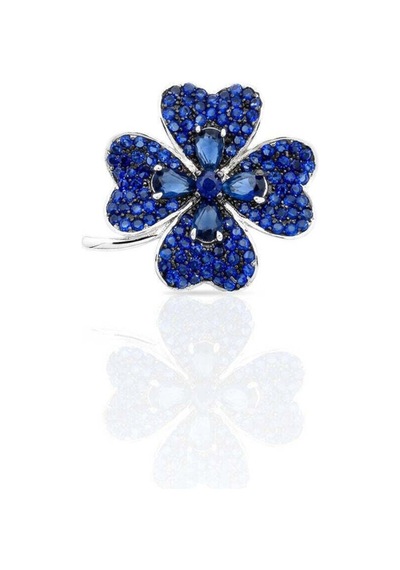 Oya Silver Lacivert Safir Zirkon Taşlı Yonca Gümüş Broş 2.5x2.5 Cm Oysy243