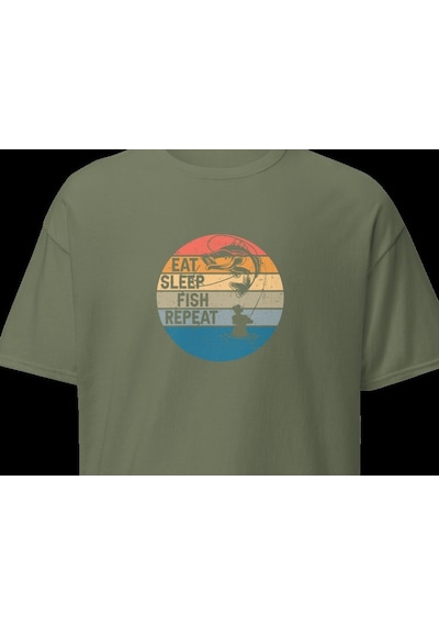 Wildstyle Retro Balık Gün Batımı Vintage Balıkçılık Deniz Baskılı Unisex Bisiklet Yaka Pamuklu Tişört Haki