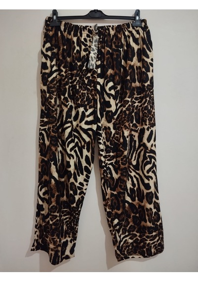Anne Moda Ankara Kışlık Büyük Beden İnce 2 Cepli Beli Lastikli Yüksek Bel Süet Pantolon Siyah-leopar