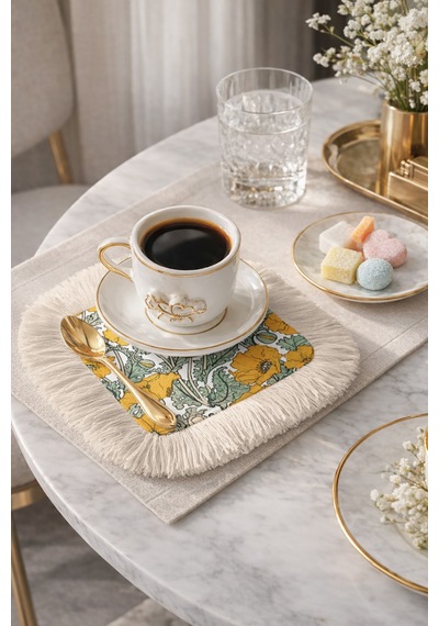 Vintage Papatya Bahçesi Saçaklı Kahve Yanı Servis Peçetesi - Sarı Çiçekli Bohem Krem Sunum Mendili
