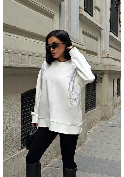 WeShaya Kadın Kırık Beyaz Oversize Dokuma Uzun Kollu Sweatshirt Kırık Beyaz
