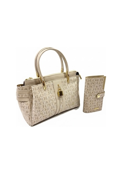 Just Polo Kadın Lüks El & Omuz Çantası Gold Detaylı Özel Tasarım Çanta Ve Uyumlu Cüzdan 22x28 Cm Taş