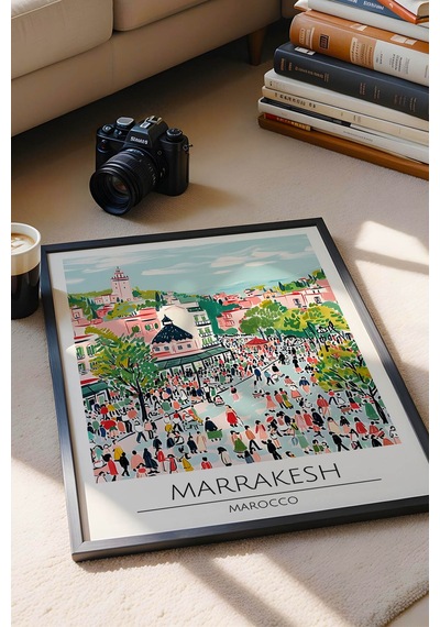 Fas Marrakesh Temalı Çerçeveli Tablo Travel Serisi Modern İllüstrasyon Şehir Duvar Dekoru Siyah