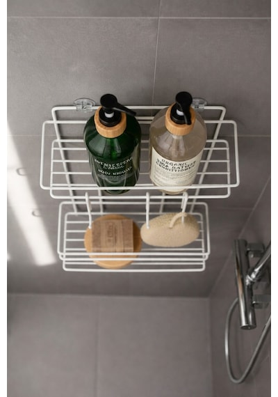 Sas Haus Lüks Beyaz Metal 2 Katlı Banyo Rafı Şampuanlık Ve Duş Rafı Askılı Yapışkanlı Duvara Monte Tş-02 beyaz