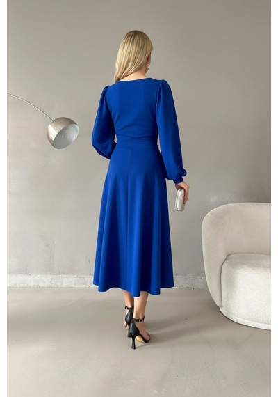 Defymoda Kadın Gün Boyu Rahat Midi Elbise Mavi