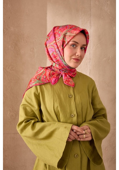 Silk Home Twill İpek Eşarp 11473-24 Pembe, Kırmızı, Biskay Yeşili