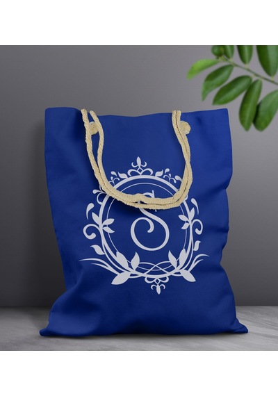 Bk Gift Kişiye Özel Harfli Saks Mavi Halat Saplı Kumaş Bez Çanta-3, Baskılı Omuz Çantası, Alışveriş Çantası