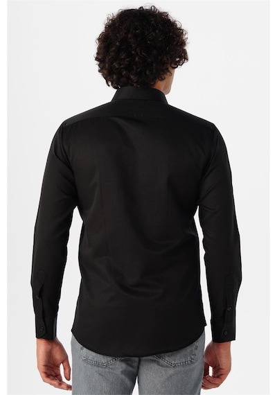 Süvari Siyah Slim Fit Armürlü Klasik Yaka Gömlek