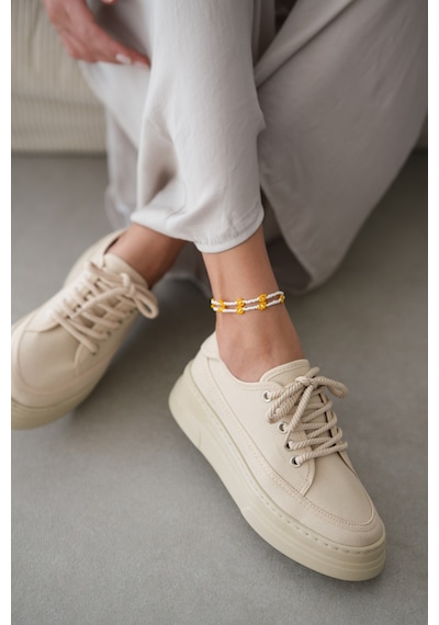 Peinta Yüksek Tabanlı Bağcıklı Kadın Sneaker- Bej