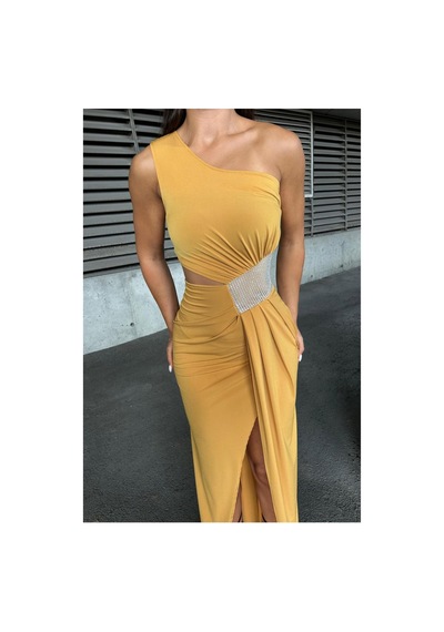 DefyModa Kadın Sandy Kumaş Tek Omuz Balık Kesim Abiye Elbise Sarı