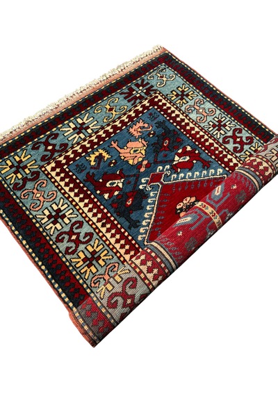 El Dokuma Sıfır Yörük Halısı Seccade 93x135 Turkuaz Yün Namazlık