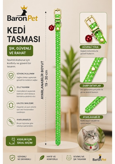 Kedi Tasması 19-30 Cm Yeşil Desenli Zilli Ayarlanabilir Suni Deri Altın Tokalı Kedi Boyun Tasması