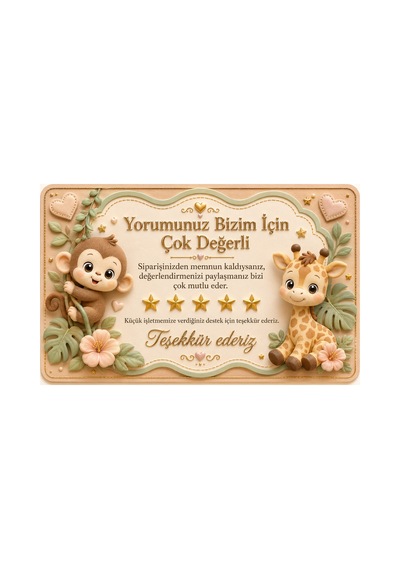 Papelia Sevimli Hayvanlar Temalı Thank You Kartı Müşteri Yorum Kartı 8x5 Cm - Haki - 145