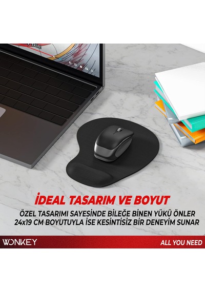 Wonkey - Bilek Destekli Mouse Pad, Memory Foam Hafızalı Süngerli Ergonomik Fare Altlığı, Kaymaz Tabanlı Mousepad, Ofis, Bilgisayar Ve Laptop Kullanımına Uygun Masa Pedi Siyah